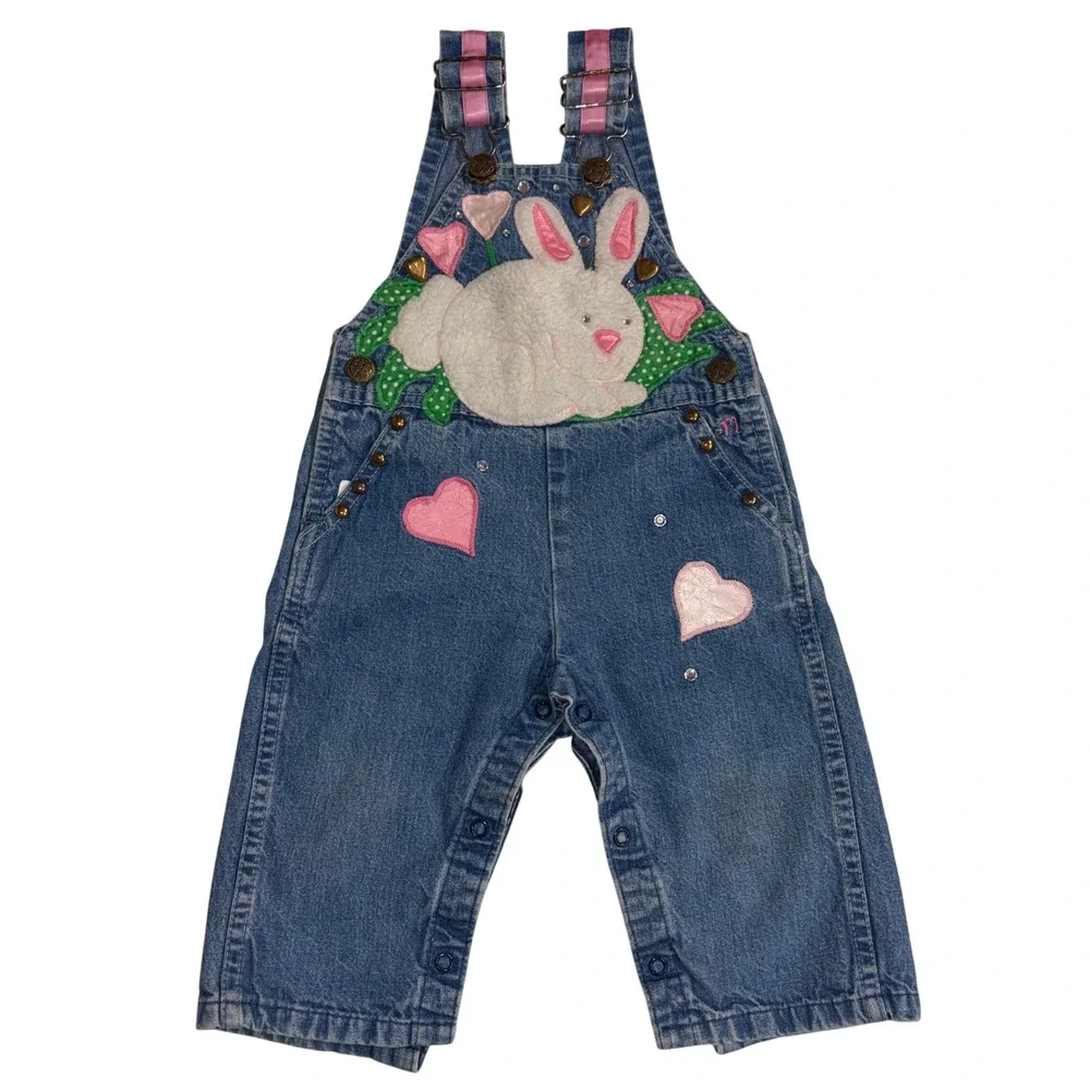 Vintage Osh Kosh Bgosh Custom Denim Bunny Overalls Hearts Rhinestones Blue Pink